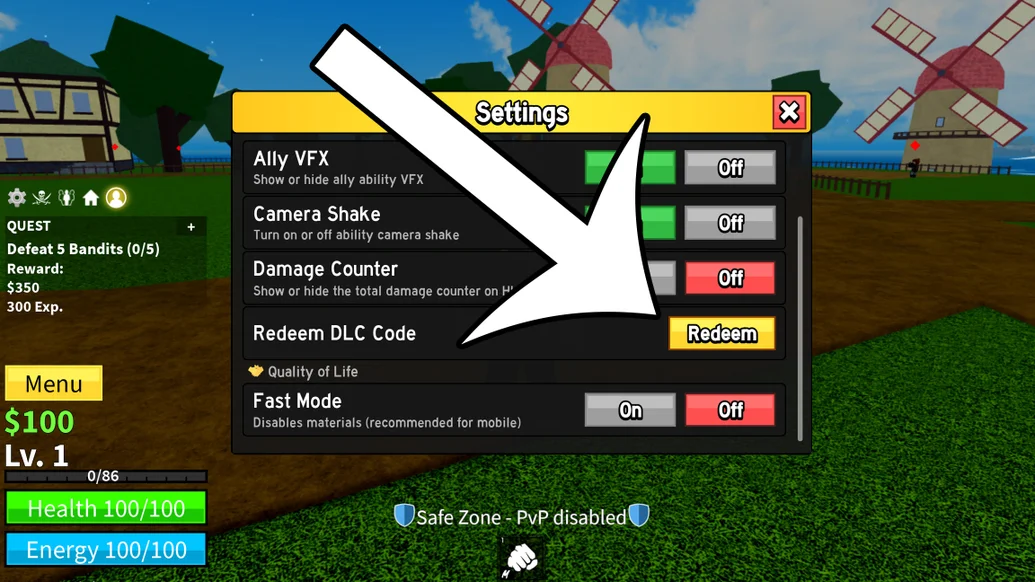 Blox Fruits reward codes menu button