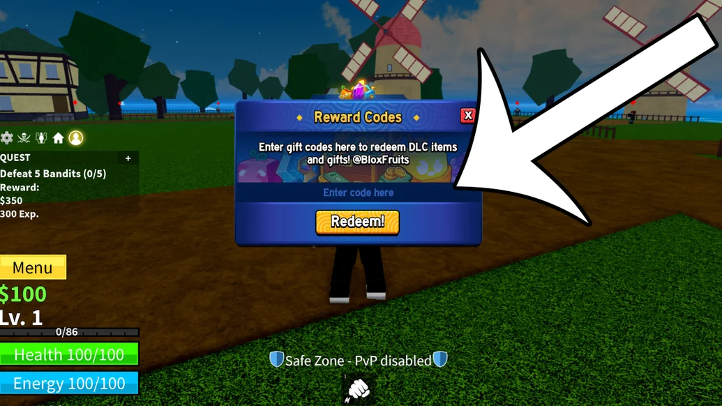 Blox Fruits codes redemption input screen