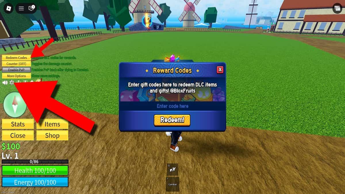 Blox Fruits code redemption screen