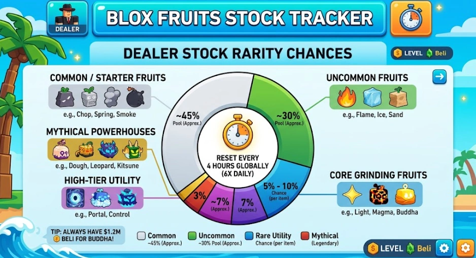 Blox Fruits stock tracker showing dealer stock rarity chances